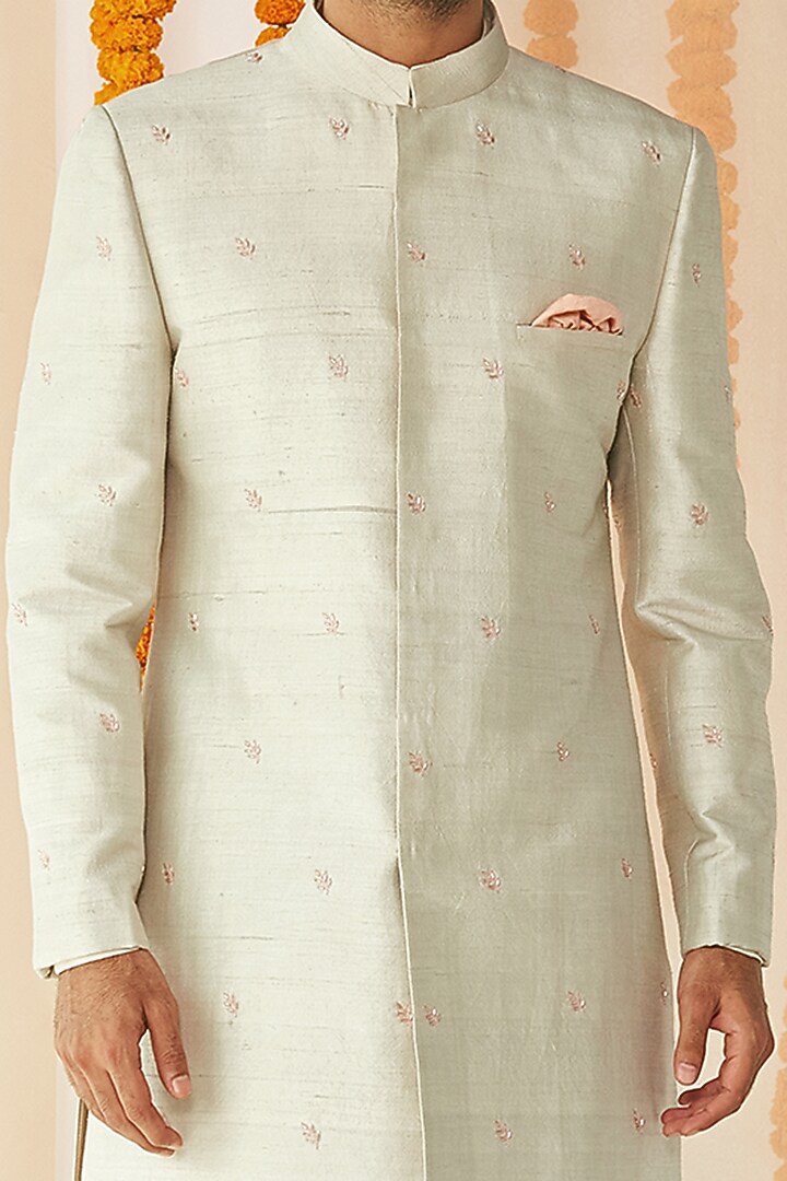 Light Green Embroidered Wedding Sherwani Set by TISASTUDIO at Pernia's Pop Up Shop