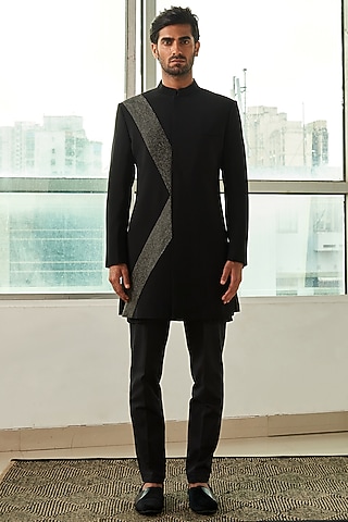 Black Polyester Viscose Sherwani Set by TISASTUDIO