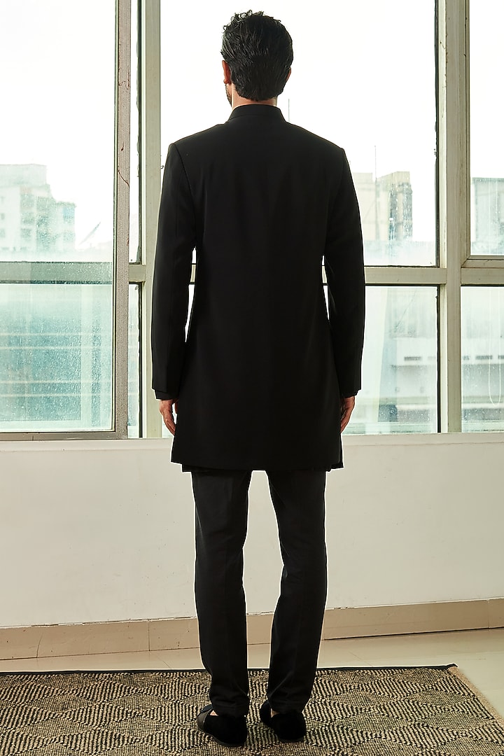Black Polyester Viscose Groom Sherwani Set by TISASTUDIO at Pernia's Pop Up Shop