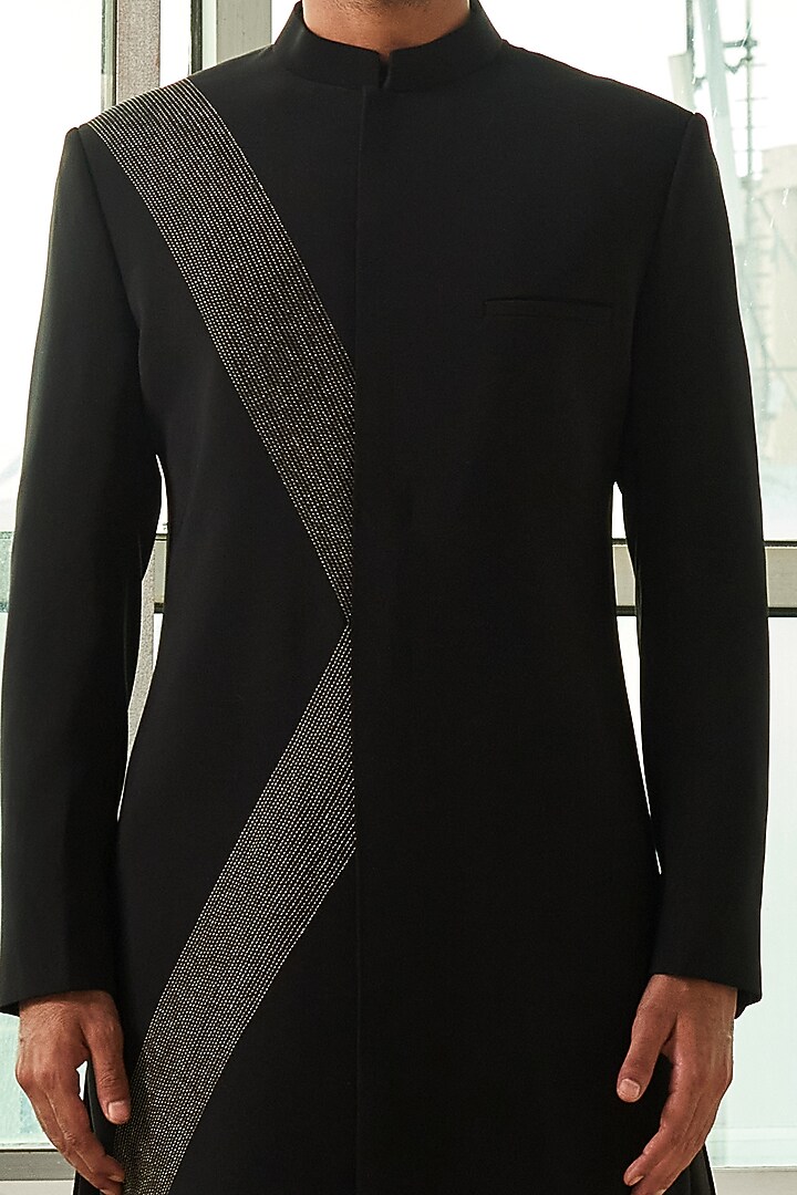 Black Polyester Viscose Groom Sherwani Set by TISASTUDIO at Pernia's Pop Up Shop