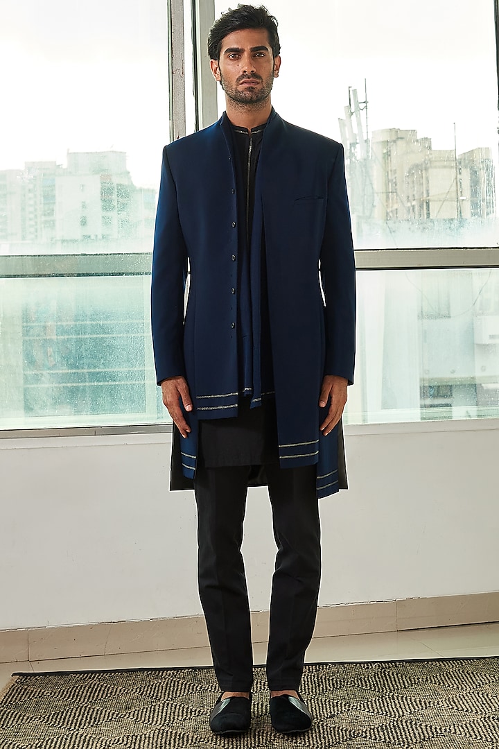 Navy Blue Polyester Viscose & Cotton Asymmetrical Paneled Jacket Set by TISASTUDIO