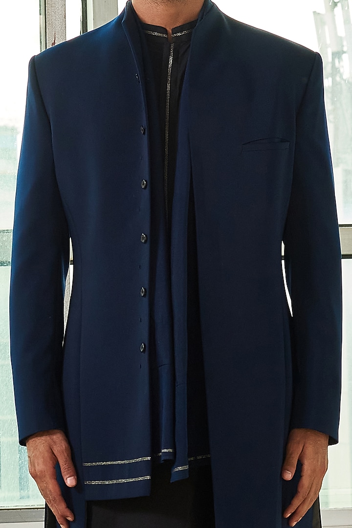 Navy Blue Polyester Viscose & Cotton Asymmetrical Paneled Jacket Set by TISASTUDIO at Pernia's Pop Up Shop
