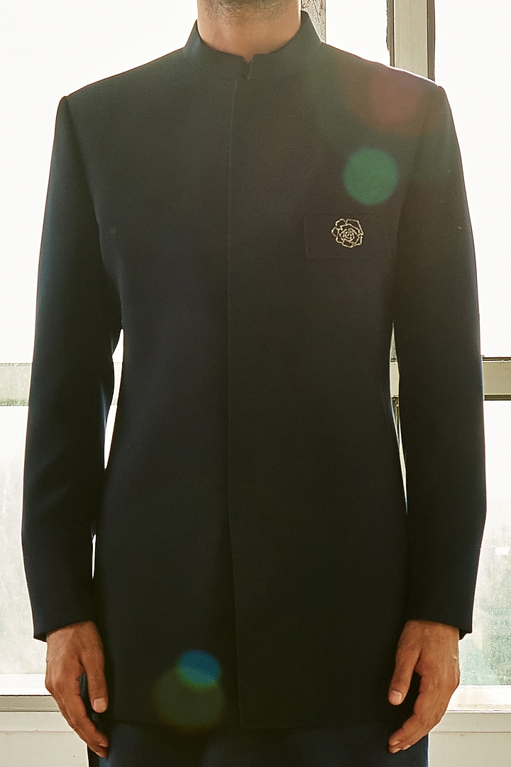 Navy Blue Polyester Viscose & Cotton Jacket Set by TISASTUDIO at Pernia's Pop Up Shop