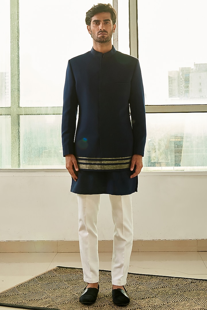 Navy Blue Polyester Viscose & Cotton High-Low Jacket Set by TISASTUDIO at Pernia's Pop Up Shop