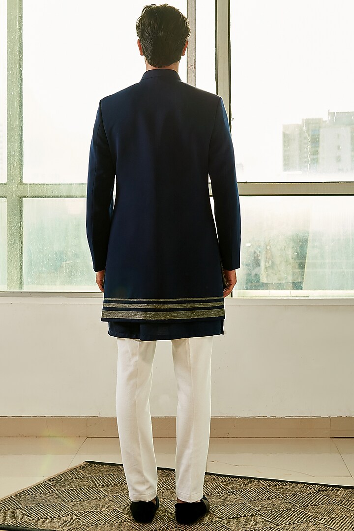 Navy Blue Polyester Viscose & Cotton High-Low Jacket Set by TISASTUDIO at Pernia's Pop Up Shop