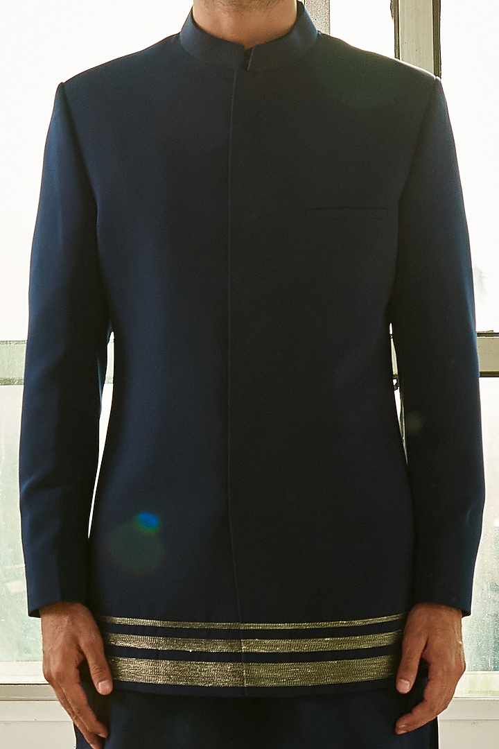 Navy Blue Polyester Viscose & Cotton High-Low Jacket Set by TISASTUDIO at Pernia's Pop Up Shop