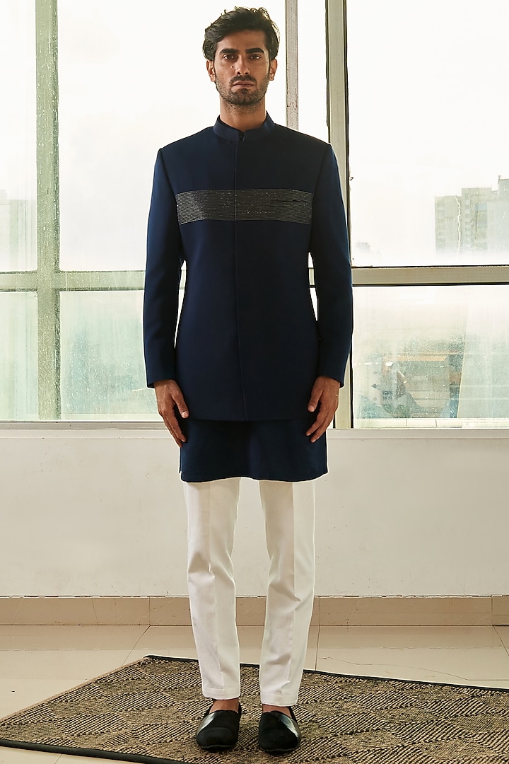 Navy Blue Polyester Viscose Bandhgala Jacket With Pants by TISASTUDIO