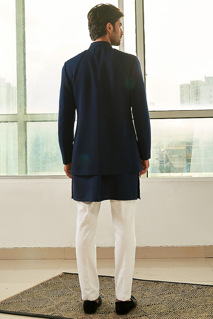 Navy Blue Polyester Viscose Wedding Bandhgala Jacket With Pants by TISASTUDIO at Pernia's Pop Up Shop