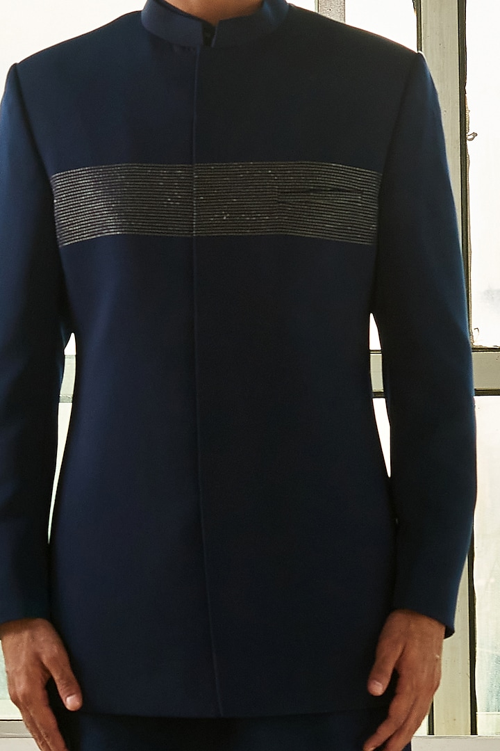 Navy Blue Polyester Viscose Wedding Bandhgala Jacket With Pants by TISASTUDIO at Pernia's Pop Up Shop