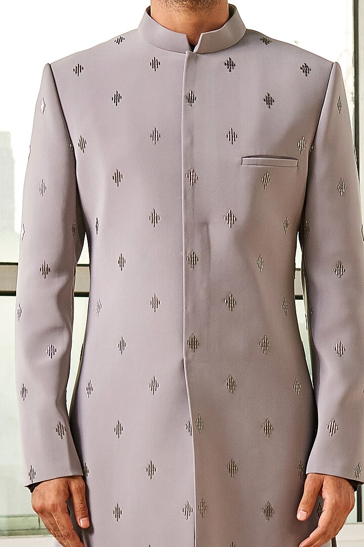Grey Embroidered Groom Sherwani Set by TISASTUDIO at Pernia's Pop Up Shop