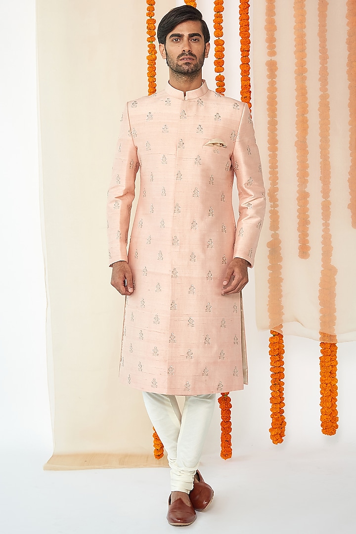 Dusky Pink Embroidered Groom Sherwani Set by TISASTUDIO at Pernia's Pop Up Shop