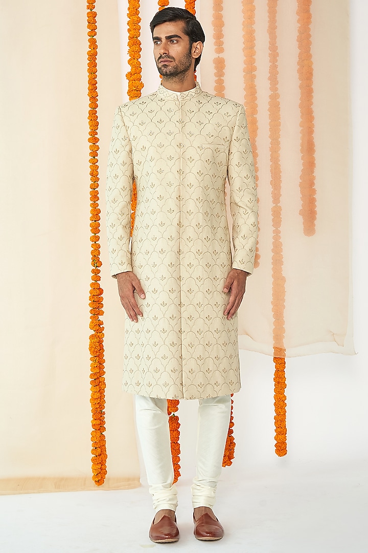 Stone Beige Jaal Embroidered Sherwani Set by TISASTUDIO