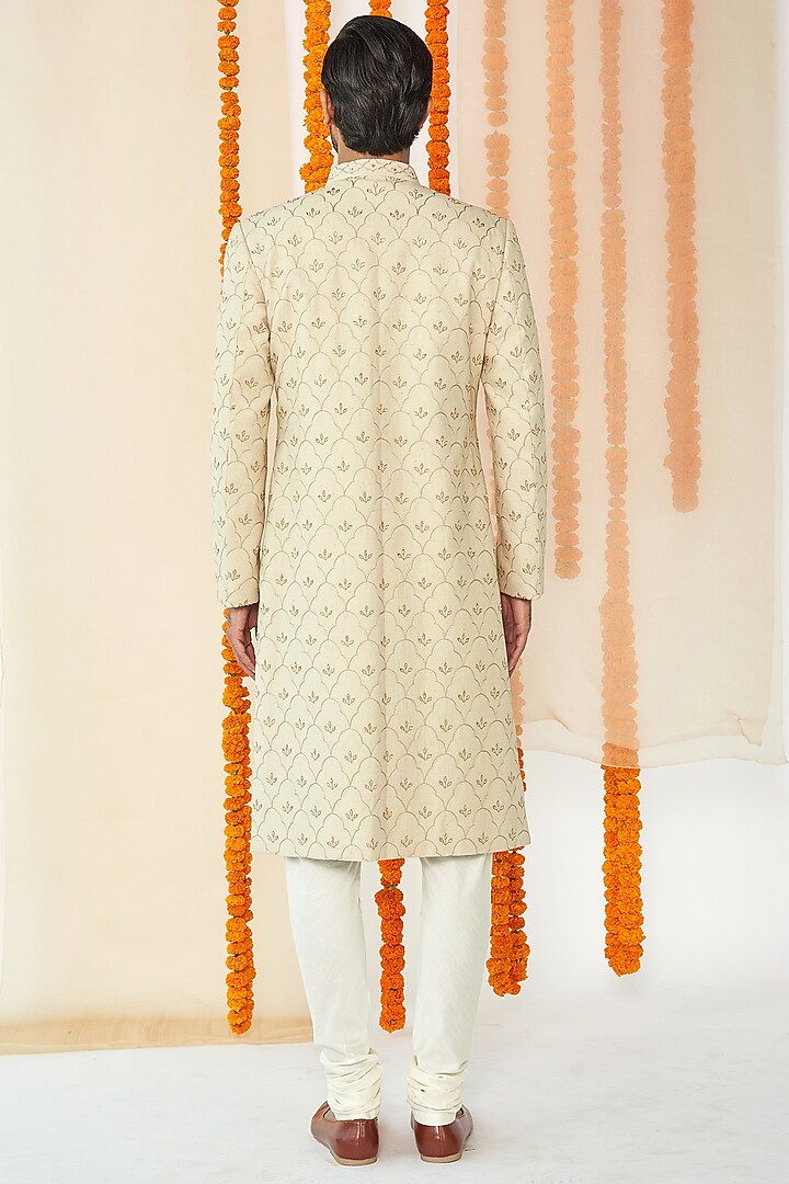 Stone Beige Jaal Embroidered Groom Sherwani Set by TISASTUDIO at Pernia's Pop Up Shop