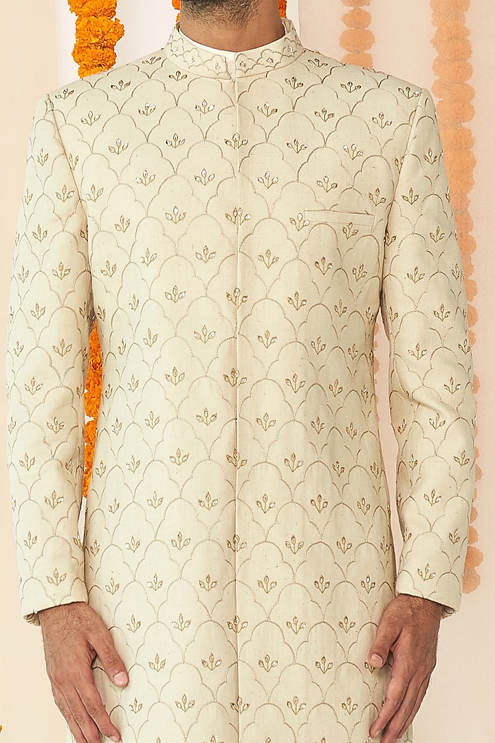 Stone Beige Jaal Embroidered Groom Sherwani Set by TISASTUDIO at Pernia's Pop Up Shop