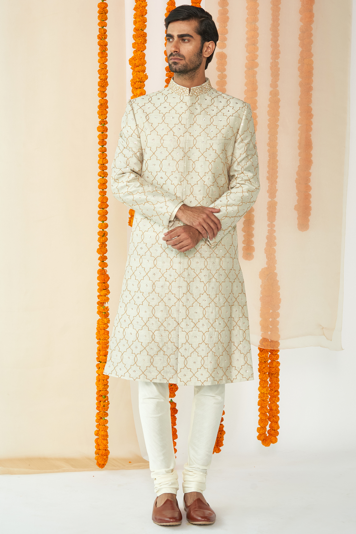 Light Grey Jaal Embroidered Groom Sherwani Set by TISASTUDIO at Pernia's Pop Up Shop