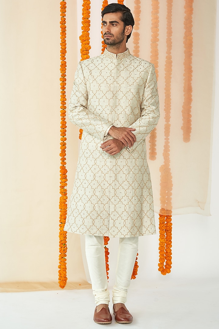 Light Grey Jaal Embroidered Groom Sherwani Set by TISASTUDIO at Pernia's Pop Up Shop