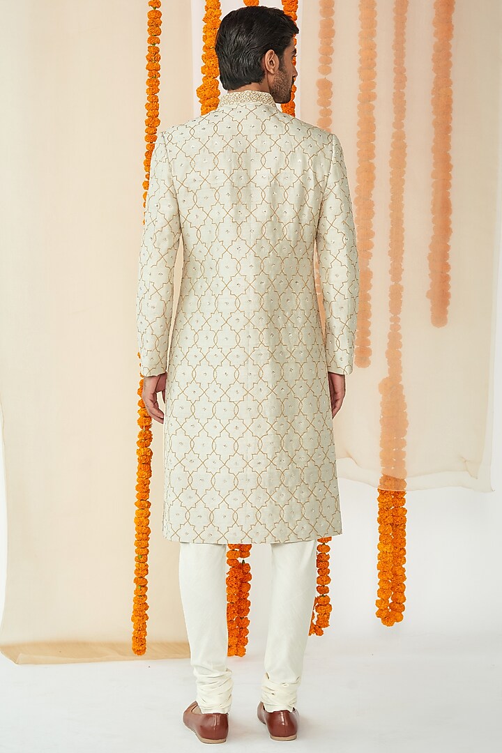 Light Grey Jaal Embroidered Groom Sherwani Set by TISASTUDIO at Pernia's Pop Up Shop