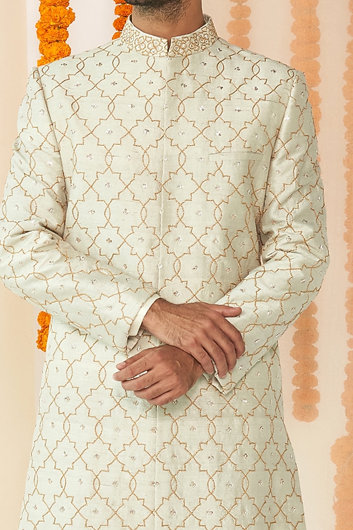 Light Grey Jaal Embroidered Groom Sherwani Set by TISASTUDIO at Pernia's Pop Up Shop