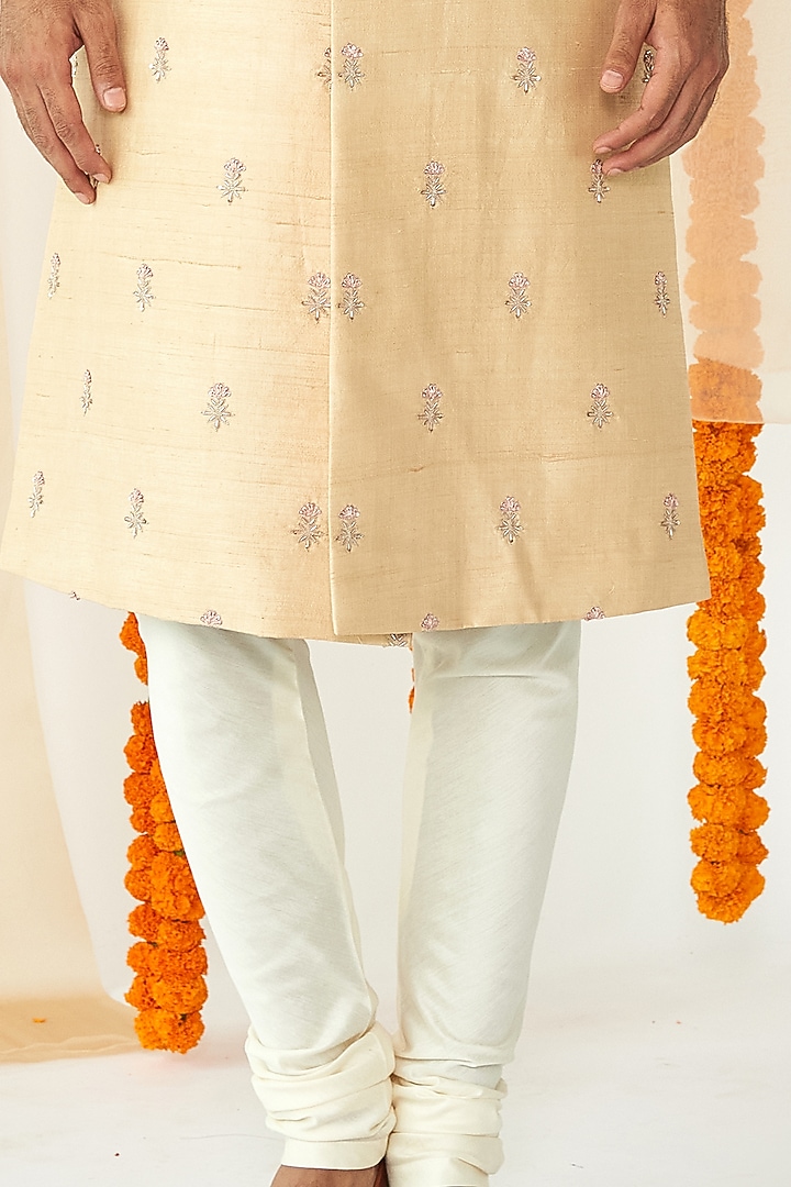 Cream Motif Embroidered Groom Sherwani Set by TISASTUDIO at Pernia's Pop Up Shop