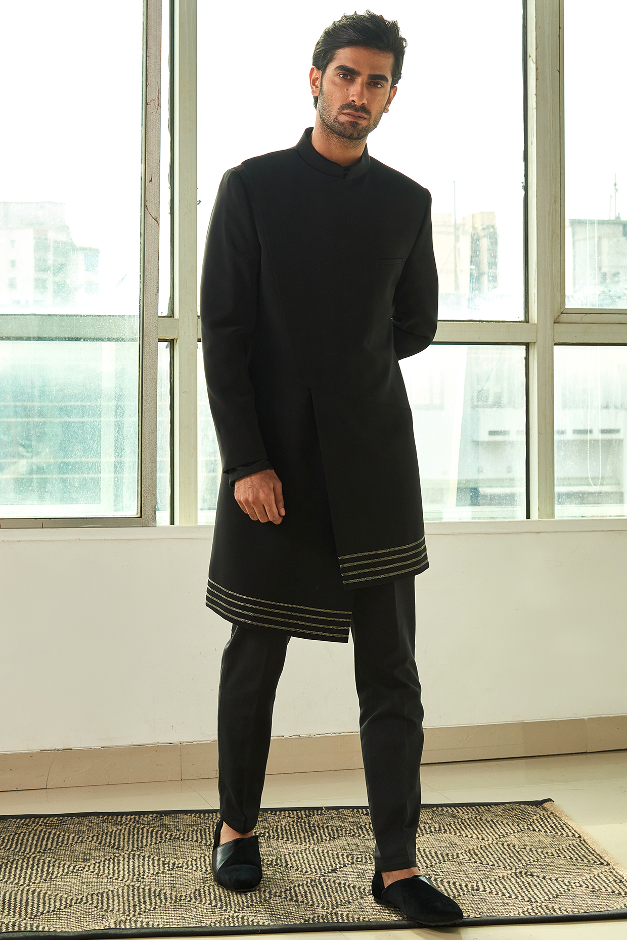 Black Viscose Polyester Asymmetrical Indo Western Set by TISASTUDIO at Pernia's Pop Up Shop