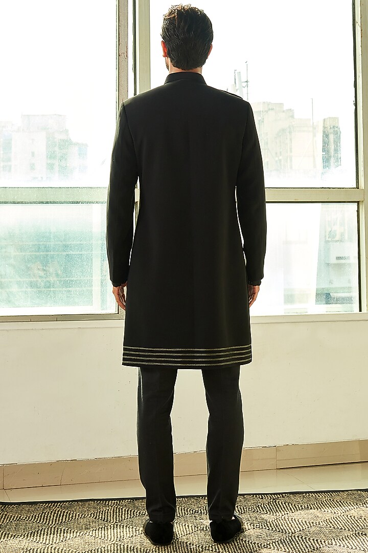 Black Viscose Polyester Asymmetrical Indo Western Set by TISASTUDIO at Pernia's Pop Up Shop