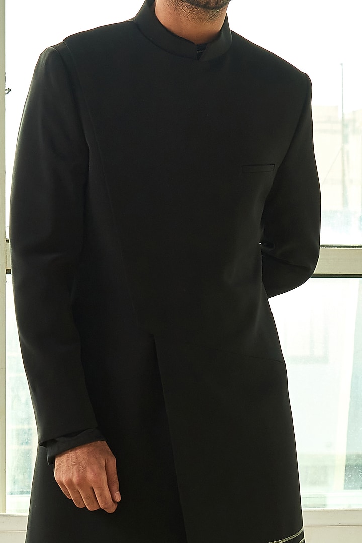 Black Viscose Polyester Asymmetrical Indo Western Set by TISASTUDIO at Pernia's Pop Up Shop