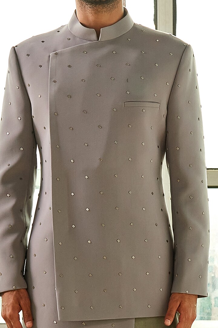 Grey Layered Bandhgala Set by TISASTUDIO at Pernia's Pop Up Shop