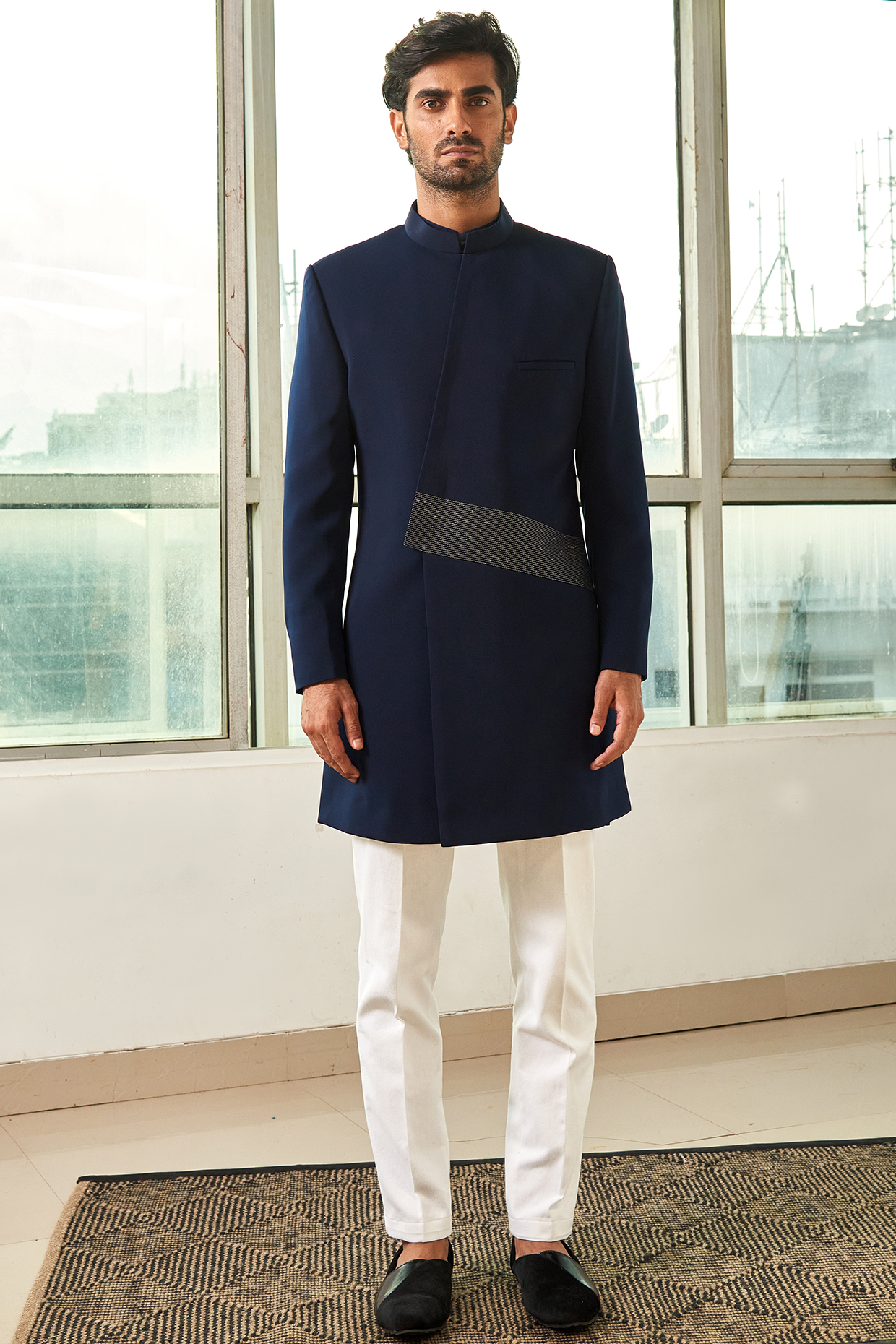 Navy Blue Viscose Polyester Asymmetrical Indo Western Set by TISASTUDIO at Pernia's Pop Up Shop