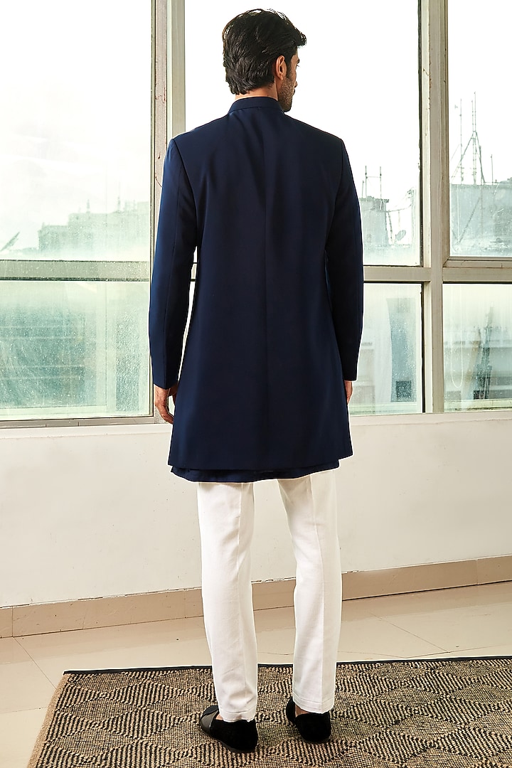 Navy Blue Viscose Polyester Asymmetrical Indo Western Set by TISASTUDIO at Pernia's Pop Up Shop