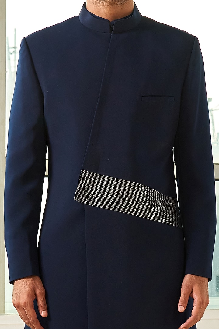 Navy Blue Viscose Polyester Asymmetrical Indo Western Set by TISASTUDIO at Pernia's Pop Up Shop