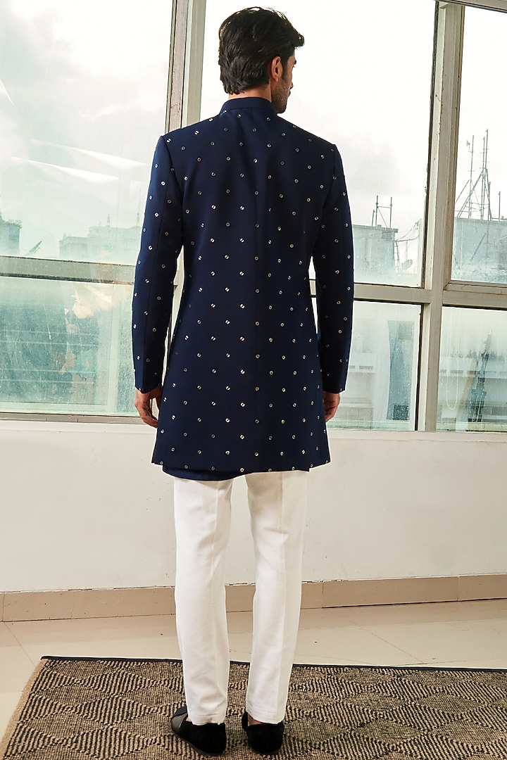 Navy Blue Viscose Polyester Embroidered Indo Western Set by TISASTUDIO at Pernia's Pop Up Shop