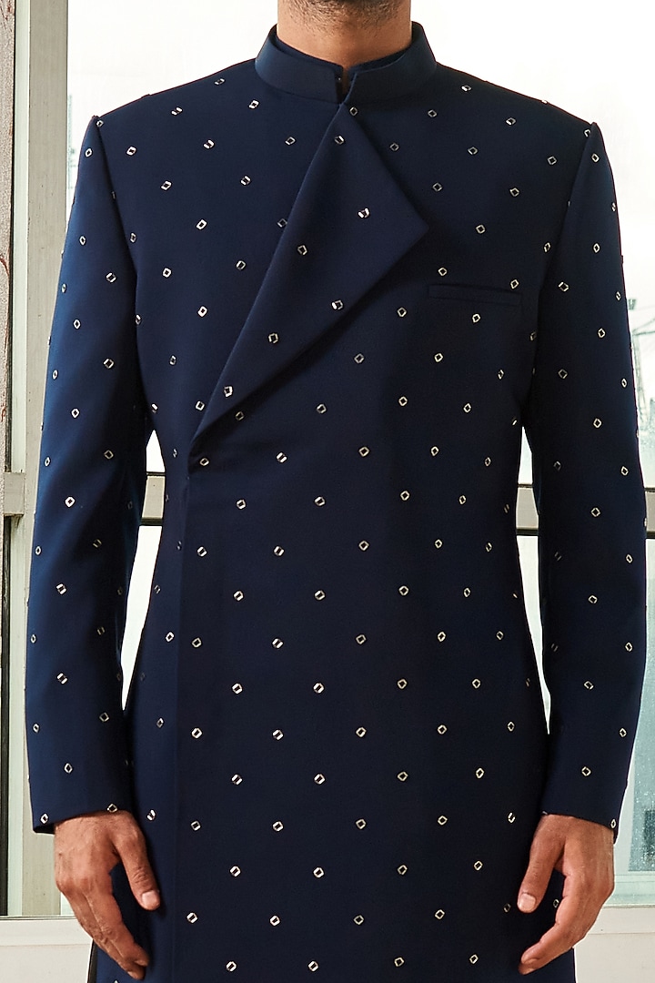 Navy Blue Viscose Polyester Embroidered Indo Western Set by TISASTUDIO at Pernia's Pop Up Shop