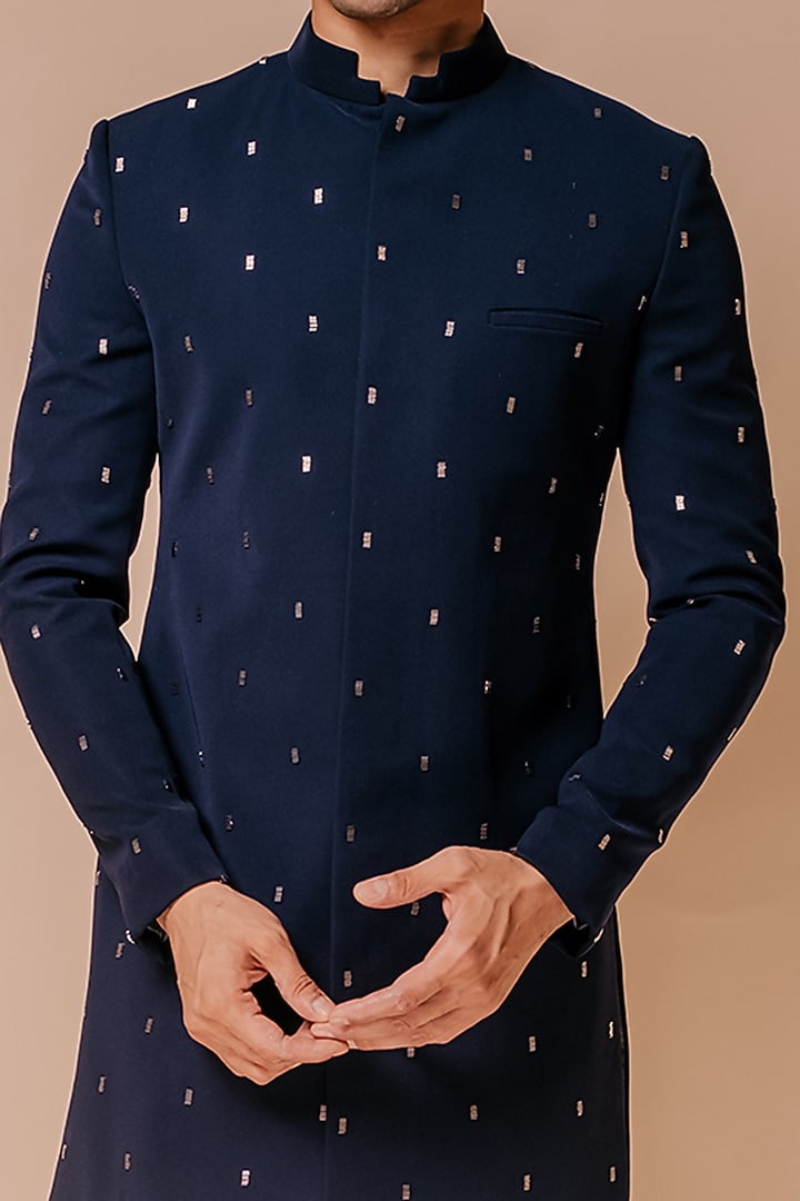 Midnight Blue Embroidered Groom Indowestern Set by TISASTUDIO at Pernia's Pop Up Shop