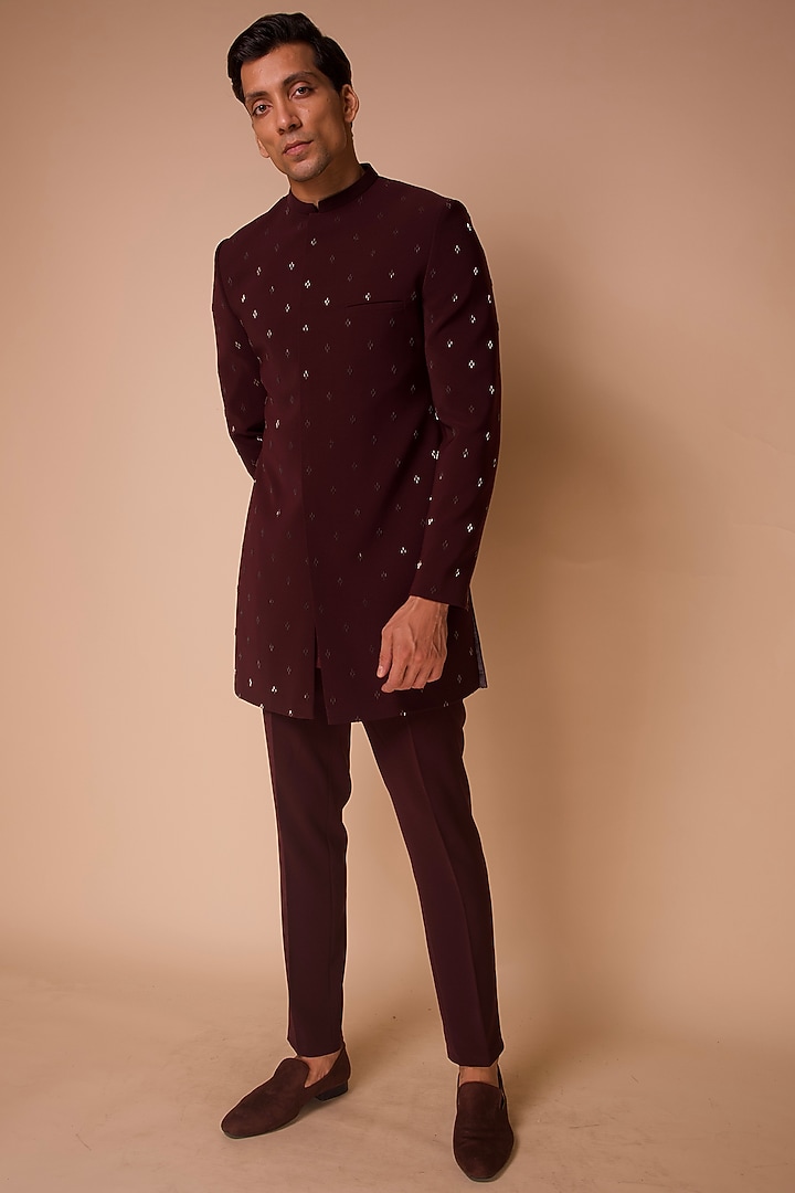 Burgundy Embroidered Groom Indowestern Set by TISASTUDIO at Pernia's Pop Up Shop