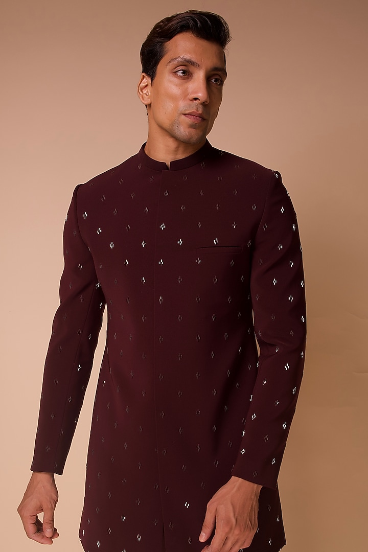 Burgundy Embroidered Groom Indowestern Set by TISASTUDIO at Pernia's Pop Up Shop