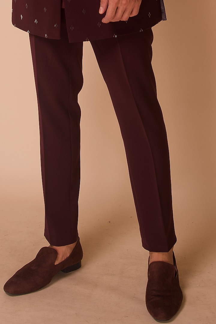 Burgundy Embroidered Groom Indowestern Set by TISASTUDIO at Pernia's Pop Up Shop