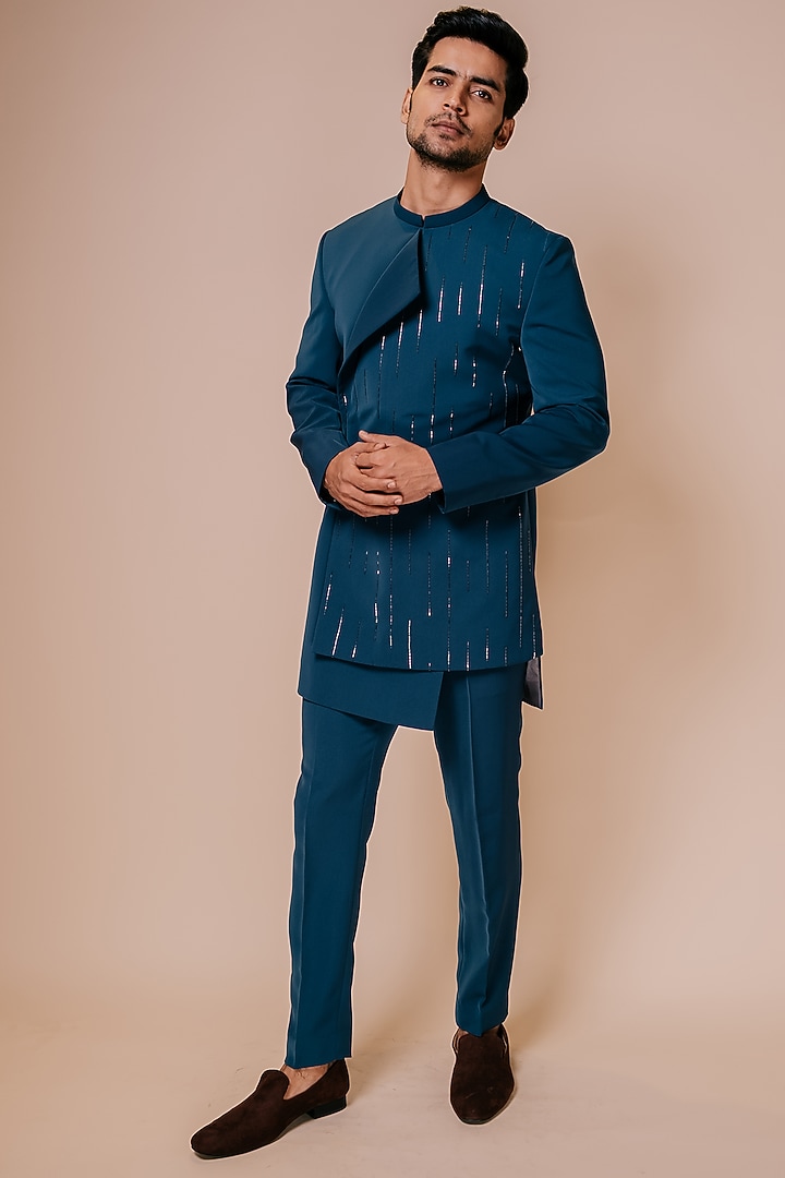 Teal Blue Embroidered Groom Indowestern Set by TISASTUDIO at Pernia's Pop Up Shop