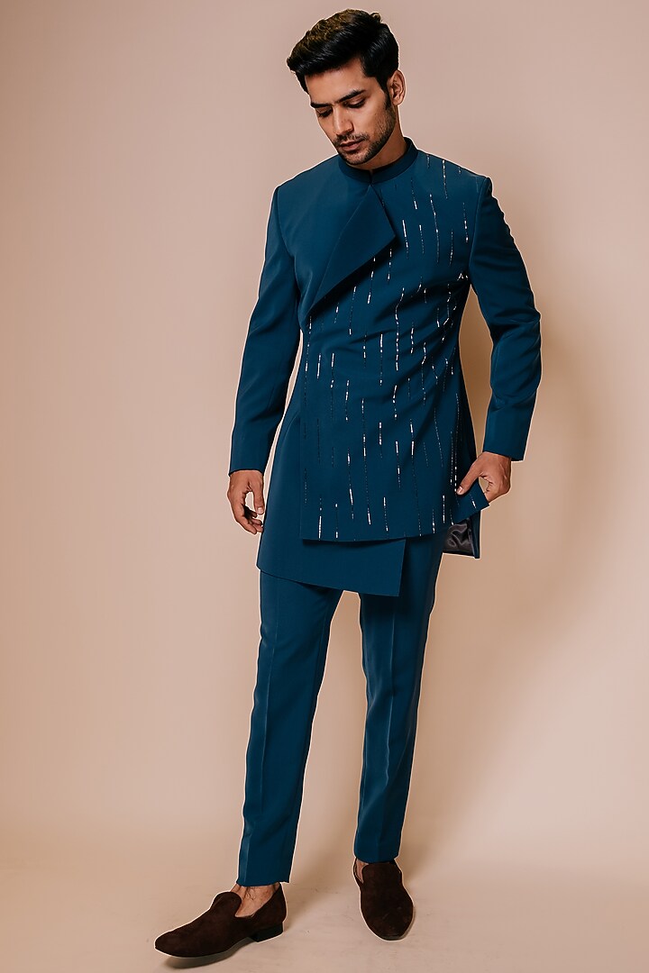 Teal Blue Embroidered Groom Indowestern Set by TISASTUDIO at Pernia's Pop Up Shop