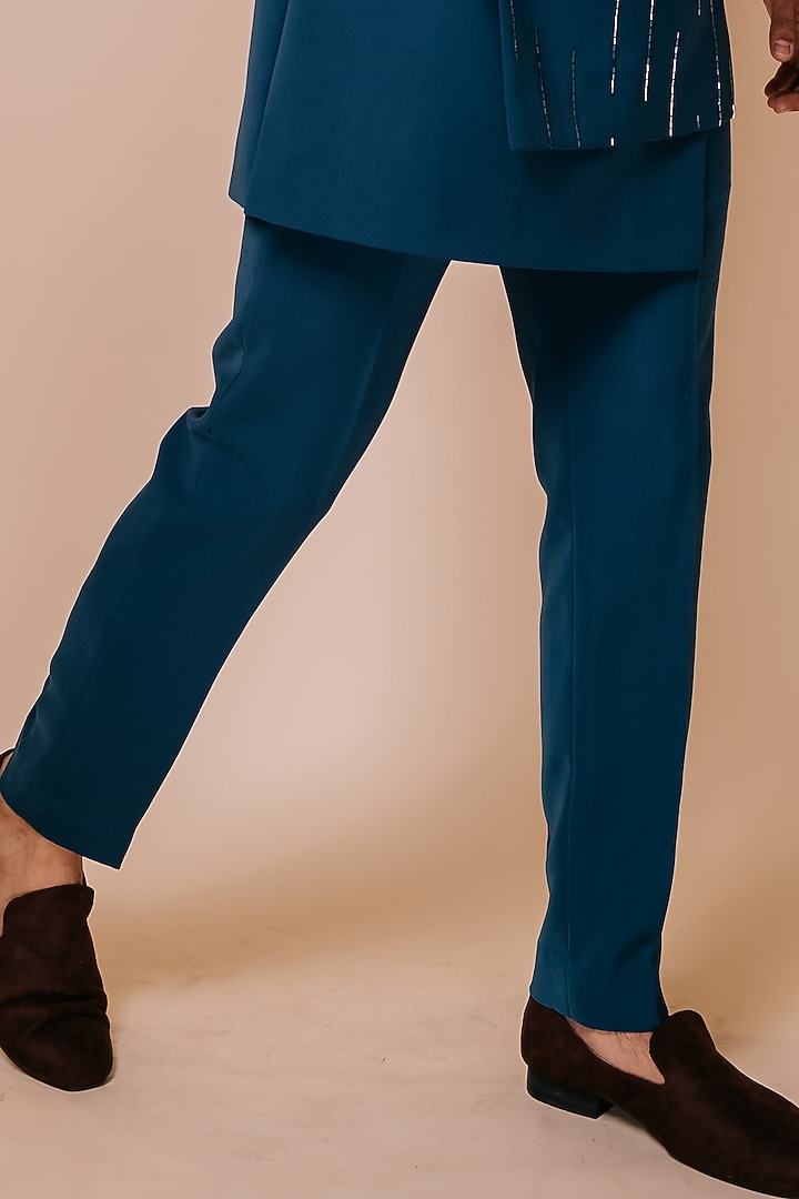 Teal Blue Embroidered Groom Indowestern Set by TISASTUDIO at Pernia's Pop Up Shop