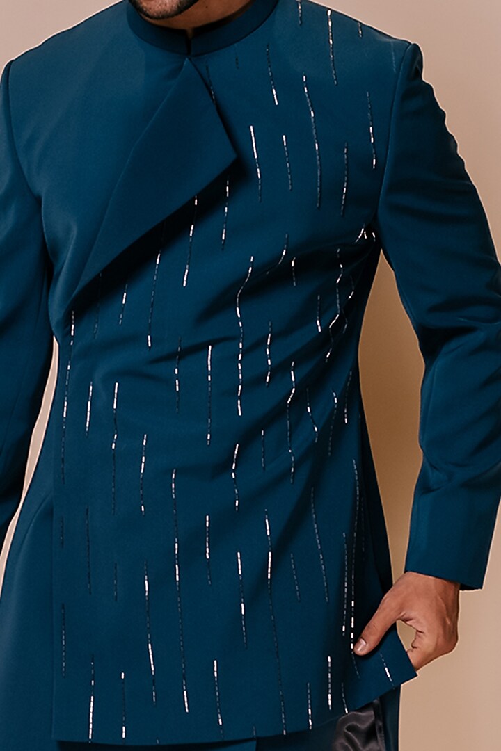 Teal Blue Embroidered Groom Indowestern Set by TISASTUDIO at Pernia's Pop Up Shop