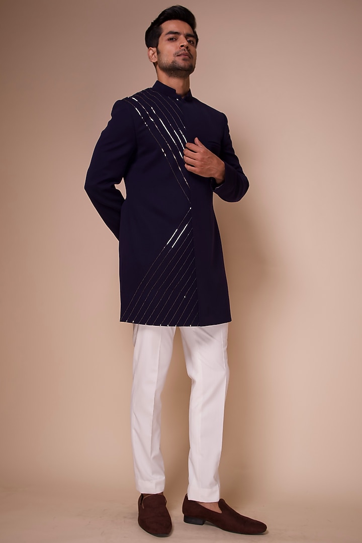 Midnight Blue Viscose Polyester Groom Indowestern Set by TISASTUDIO at Pernia's Pop Up Shop