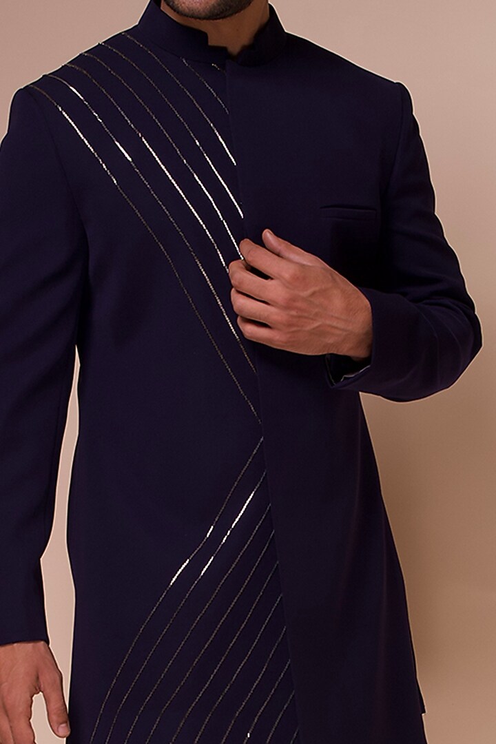 Midnight Blue Viscose Polyester Groom Indowestern Set by TISASTUDIO at Pernia's Pop Up Shop