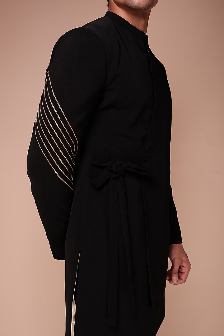 Black Embroidered Groom Indowestern Set by TISASTUDIO at Pernia's Pop Up Shop