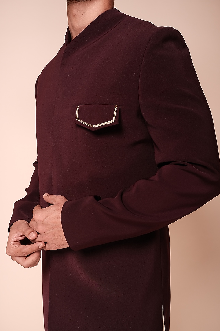 Burgundy Viscose Polyester Groom Indowestern Set by TISASTUDIO at Pernia's Pop Up Shop