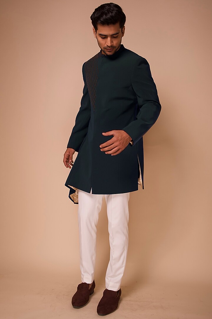 Bottle Green Embroidered Asymmetrical Groom Indowestern Set by TISASTUDIO at Pernia's Pop Up Shop