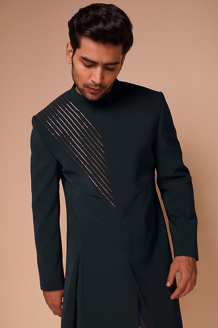 Bottle Green Embroidered Asymmetrical Groom Indowestern Set by TISASTUDIO at Pernia's Pop Up Shop
