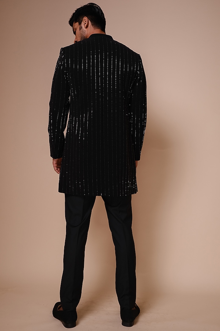 Black Viscose Polyester Groom Indowestern Set by TISASTUDIO at Pernia's Pop Up Shop