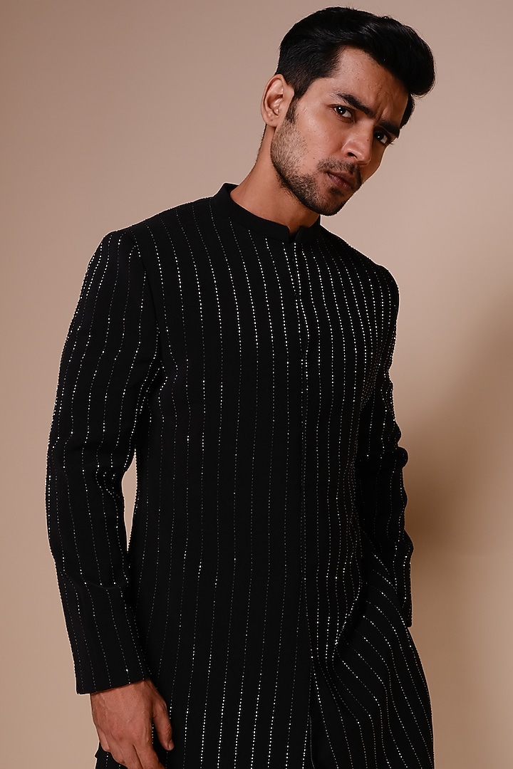 Black Viscose Polyester Groom Indowestern Set by TISASTUDIO at Pernia's Pop Up Shop