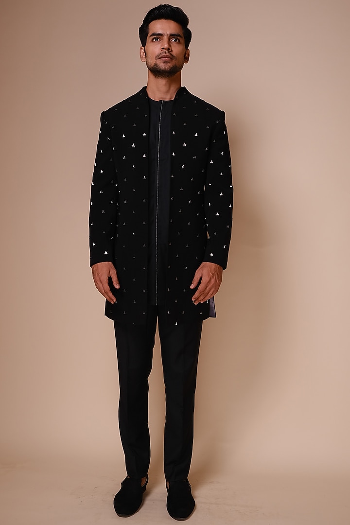 Black Embroidered Open Groom Indowestern Set by TISASTUDIO at Pernia's Pop Up Shop