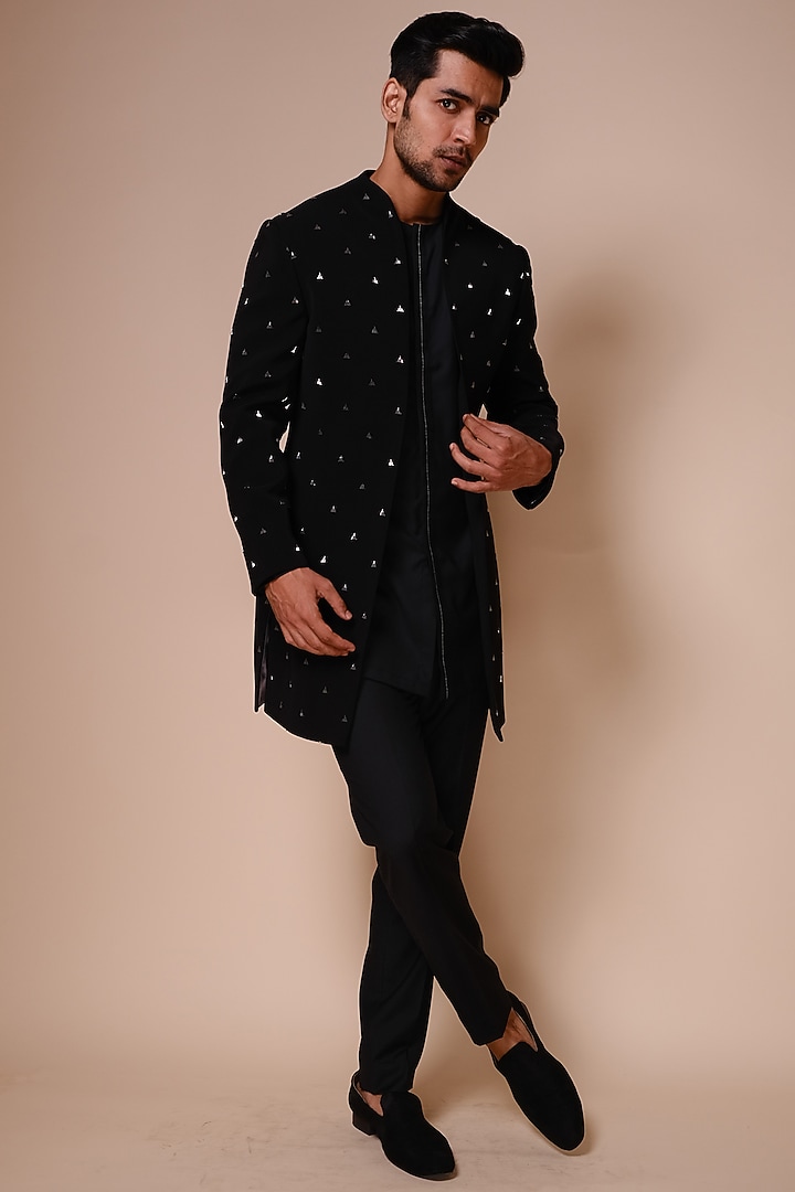 Black Embroidered Open Groom Indowestern Set by TISASTUDIO at Pernia's Pop Up Shop